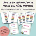 Dias de la semana and meses del año vocabulary cards posters and worksheets bilingual Spanish and English